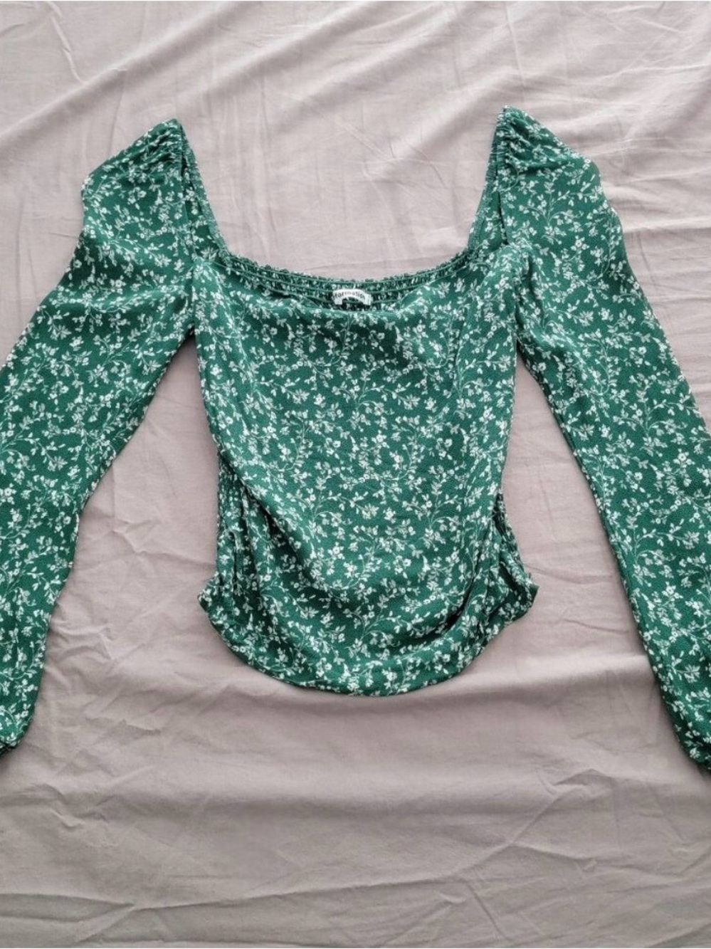 Reformation Green Floral Square-Neck Long-Sleeve Blouse